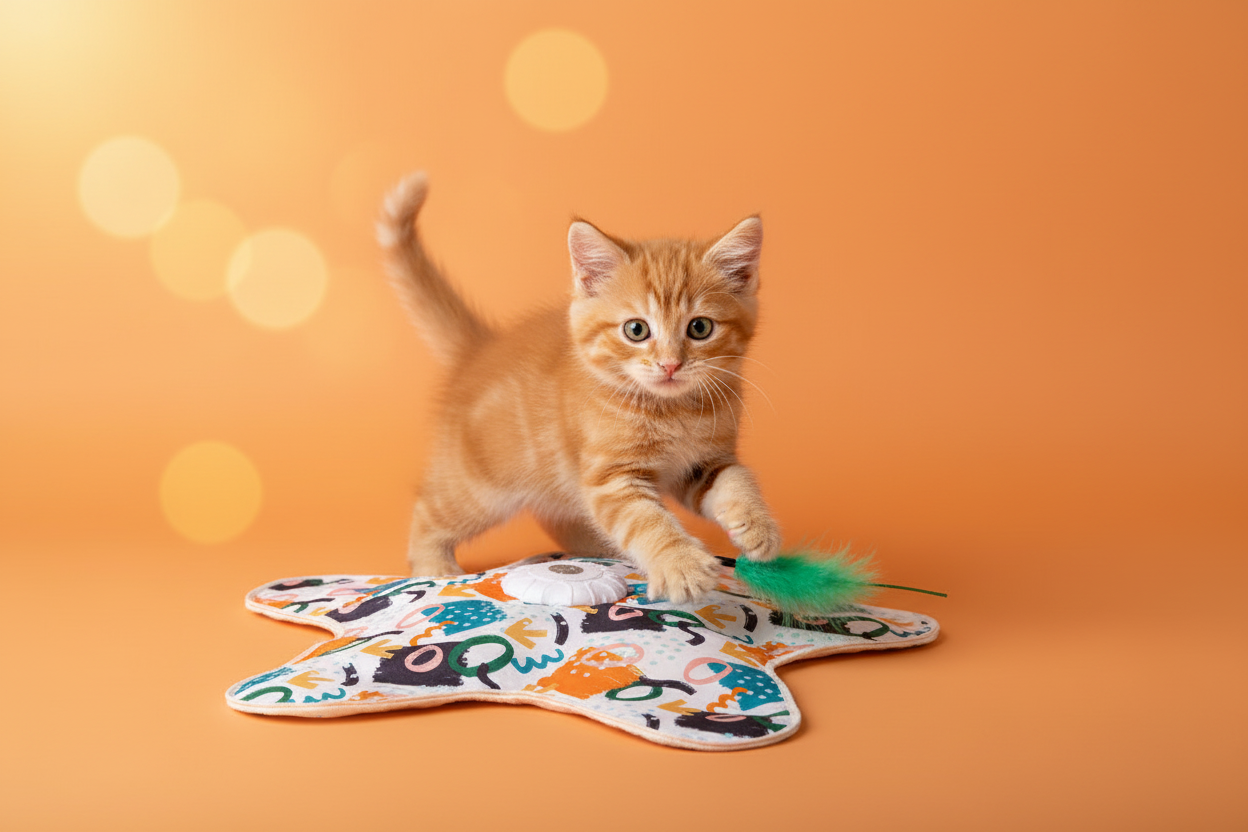 Bannière chat jouet étoile fond orange